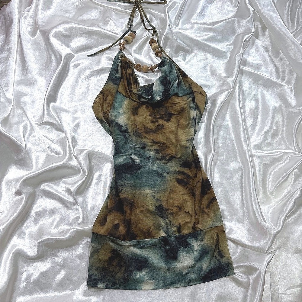 y2k Halter Top Brown Excellent Voice Tie Dye Beaded Cowl Neck Boho Camisole
